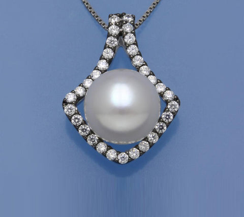 Sterling Silver Pendant with 10-10.5mm Button Shape Freshwater Pearl and Cubic Zirconia