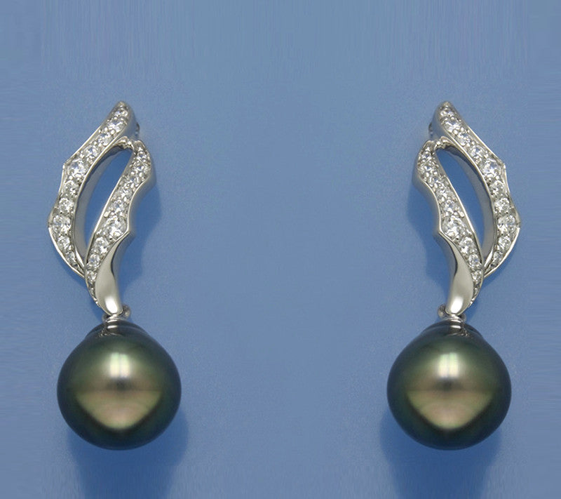 Sterling Silver Earrings with 10-11mm Drop Shape Tahitian Pearl and Cubic Zirconia - Wing Wo Hing Jewelry Group - Pearl Jewelry Manufacturer