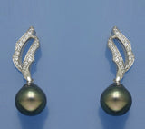 Sterling Silver Earrings with 10-11mm Drop Shape Tahitian Pearl and Cubic Zirconia - Wing Wo Hing Jewelry Group - Pearl Jewelry Manufacturer