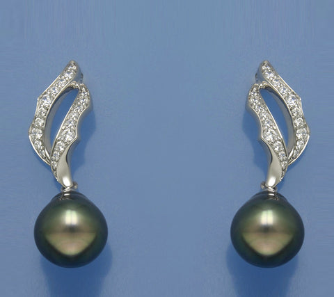 Sterling Silver Earrings with 10-11mm Drop Shape Tahitian Pearl and Cubic Zirconia