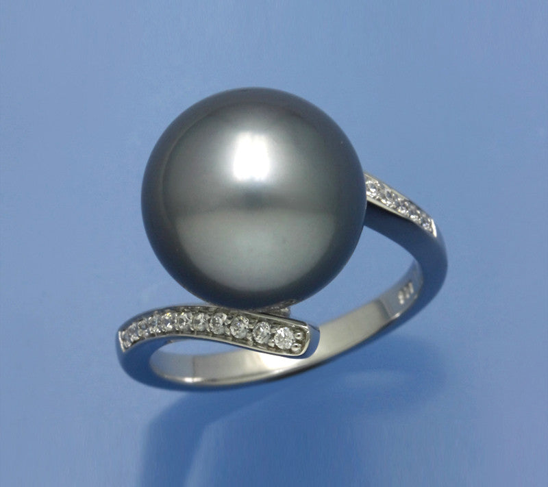 Sterling Silver Ring with 13-13.5mm Tahitian Pearl and Cubic Zirconia - Wing Wo Hing Jewelry Group - Pearl Jewelry Manufacturer