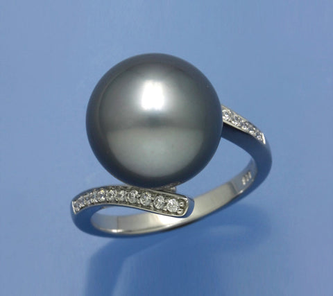 Sterling Silver Ring with 13-13.5mm Tahitian Pearl and Cubic Zirconia