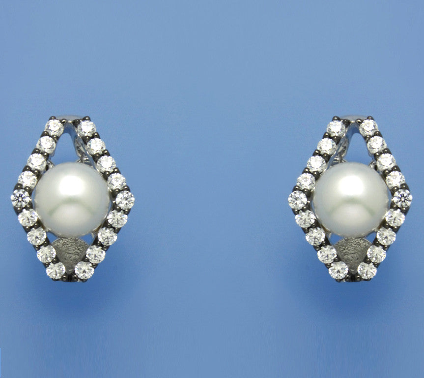 Sterling Silver Earrings with 8-8.5mm Button Shape Freshwater Pearl and Cubic Zirconia - Wing Wo Hing Jewelry Group - Pearl Jewelry Manufacturer