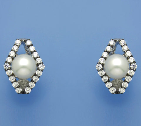 Sterling Silver Earrings with 8-8.5mm Button Shape Freshwater Pearl and Cubic Zirconia