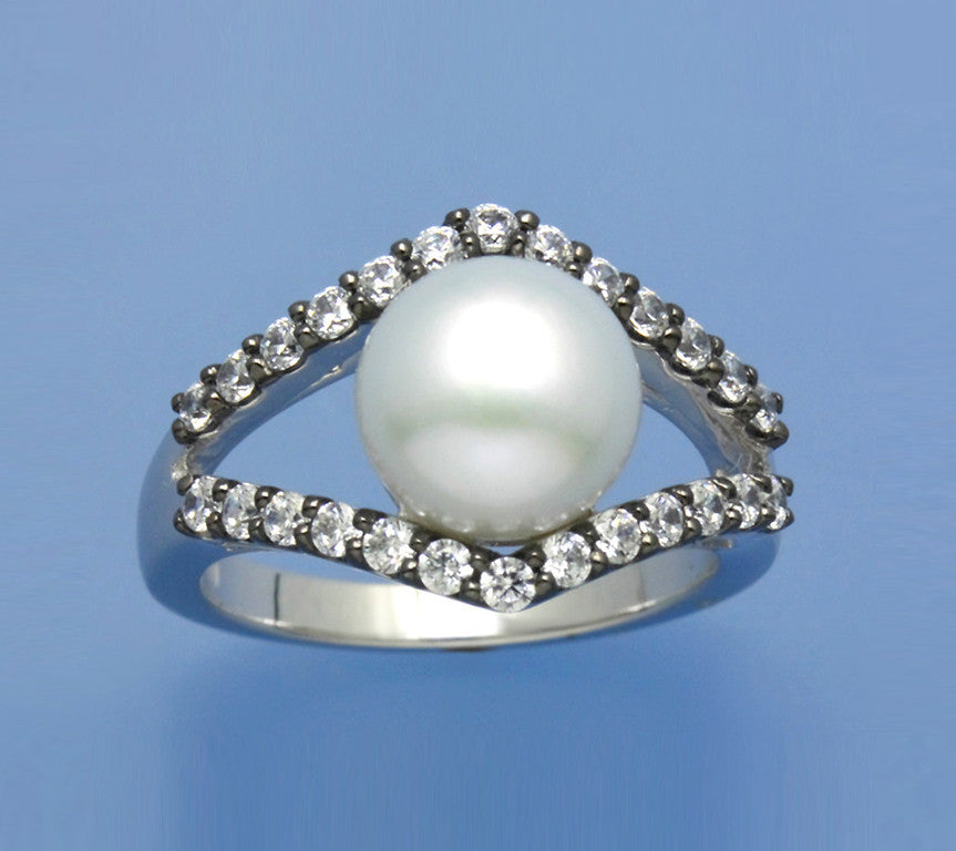 Sterling Silver Ring with 9-9.5mm Button Shape Freshwater Pearl and Cubic Zirconia - Wing Wo Hing Jewelry Group - Pearl Jewelry Manufacturer