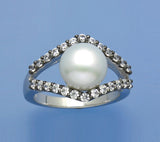 Sterling Silver Ring with 9-9.5mm Button Shape Freshwater Pearl and Cubic Zirconia - Wing Wo Hing Jewelry Group - Pearl Jewelry Manufacturer