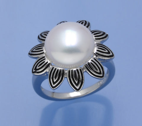 White and Black Plated Silver Ring with 11.5-12mm Button Shape Freshwater Pearl
