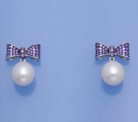 Sterling Silver Earrings with 9.5-10mm Drop Shape Freshwater Pearl and Cubic Zirconia