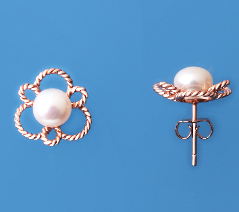 Rose Gold Plated Silver Earrings with 6.5-7mm Button Shape Freshwater Pearl - Wing Wo Hing Jewelry Group - Pearl Jewelry Manufacturer