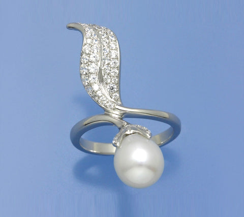 Sterling Silver Ring with 8.5-9mm Drop Shape Freshwater Pearl and Cubic Zirconia