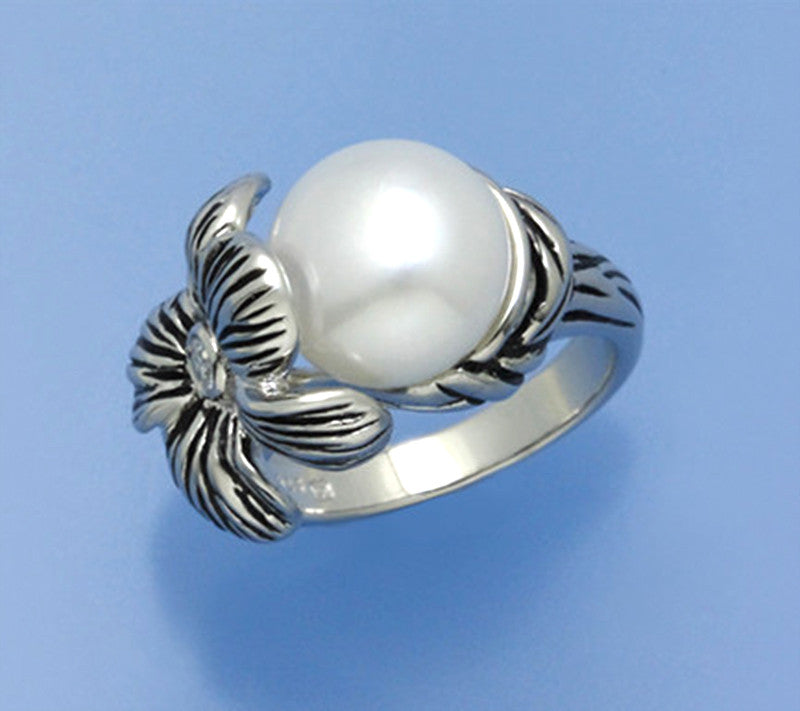 White and Black Plated Silver Ring with 11-11.5mm Button Freshwater Pearl and Cubic Zirconia - Wing Wo Hing Jewelry Group - Pearl Jewelry Manufacturer