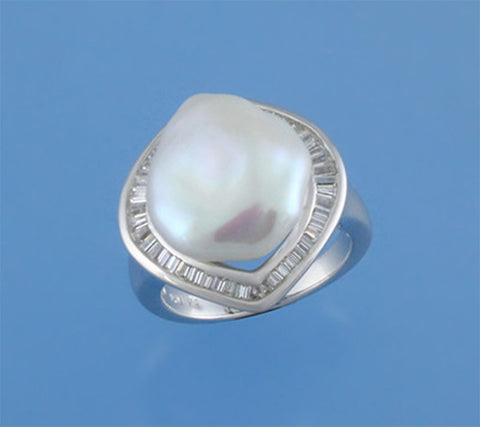 Sterling Silver Ring with 14-14.5mm Baroque Shape Freshwater Pearl and Cubic Zirconia