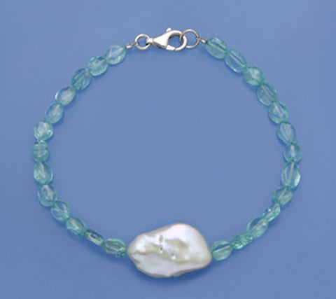 Sterling Silver Bracelet with 13-14.5mm Baroque Shape Freshwater Pearl and Apatite