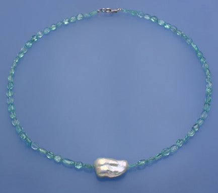 Sterling Silver Necklace with 13-14.5mm Baroque Shape Freshwater Pearl and Apatite - Wing Wo Hing Jewelry Group - Pearl Jewelry Manufacturer