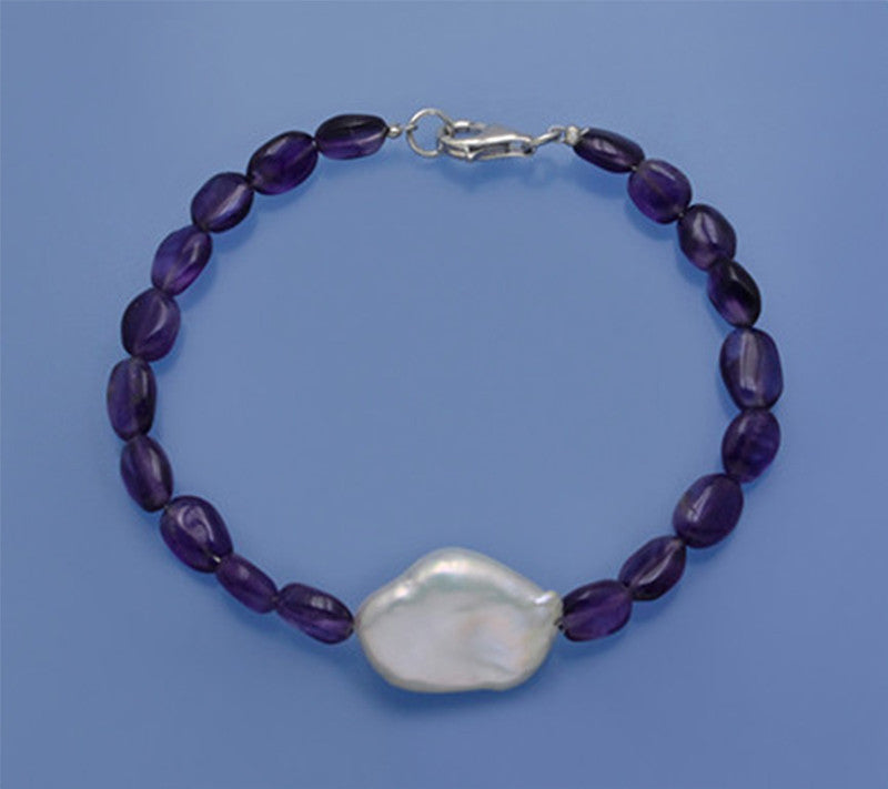 Sterling Silver Bracelet with 13.5-14mm Baroque Shape Freshwater Pearl and Amethyst - Wing Wo Hing Jewelry Group - Pearl Jewelry Manufacturer