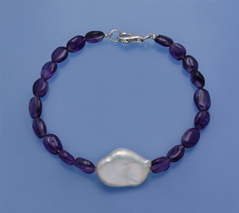 Sterling Silver Bracelet with 13.5-14mm Baroque Shape Freshwater Pearl and Amethyst