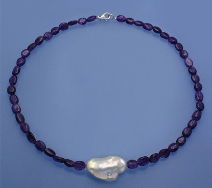 Sterling Silver Necklace with 14-16.5mm Baroque Shape Freshwater Pearl and Amethyst