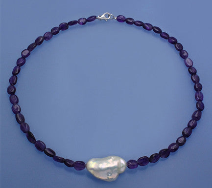 Sterling Silver Necklace with 14-16.5mm Baroque Shape Freshwater Pearl and Amethyst