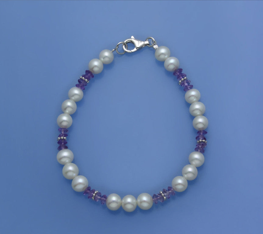 Sterling Silver Bracelet with 6-6.5mm Potato Shape Freshwater Pearl and Amethyst - Wing Wo Hing Jewelry Group - Pearl Jewelry Manufacturer