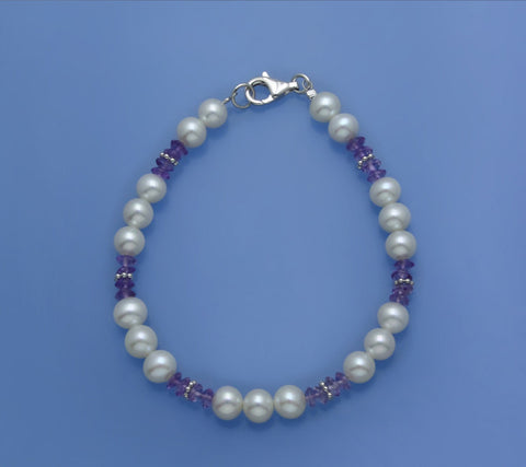 Sterling Silver Bracelet with 6-6.5mm Potato Shape Freshwater Pearl and Amethyst
