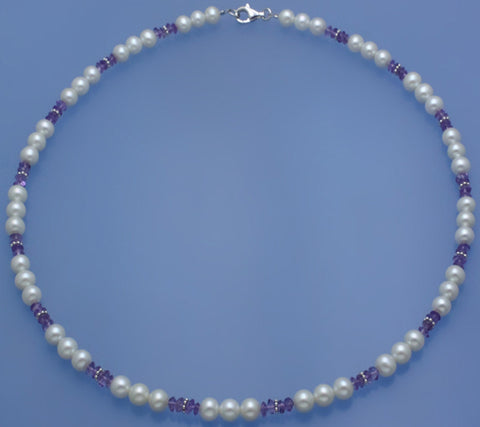 Sterling Silver Necklace with 6-6.5mm Potato Shape Freshwater Pearl and Amethyst
