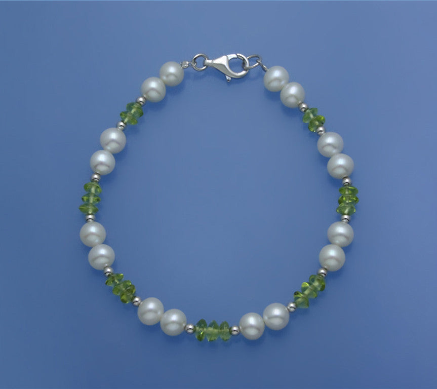 Sterling Silver Bracelet with 6-6.5mm Potato Shape Freshwater Pearl and Peridot - Wing Wo Hing Jewelry Group - Pearl Jewelry Manufacturer