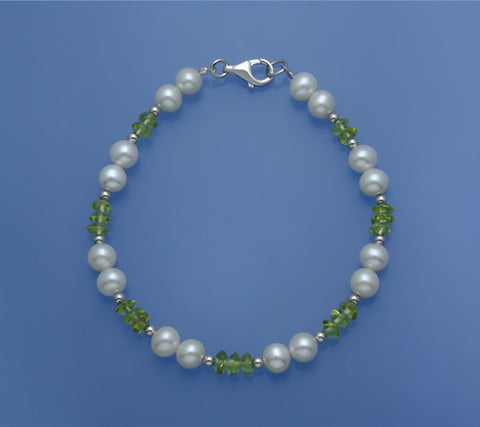 Sterling Silver Bracelet with 6-6.5mm Potato Shape Freshwater Pearl and Peridot