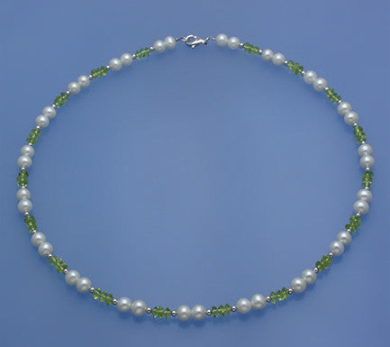 Sterling Silver Necklace with 6-6.5mm Potato Shape Freshwater Pearl and Peridot