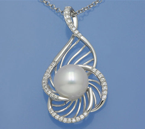 Sterling Silver Pendant with 9-9.5mm Button Shape Freshwater Pearl and Cubic Zirconia