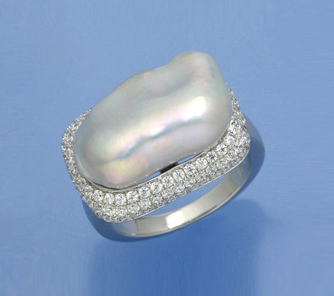 Sterling Silver Ring with 12.5*18mm Baroque Shape Freshwater Pearl and Cubic Zirconia
