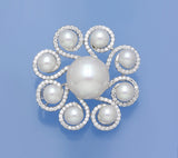 Sterling Silver Brooch with Button Shape Freshwater Pearl and Cubic Zirconia - Wing Wo Hing Jewelry Group - Pearl Jewelry Manufacturer