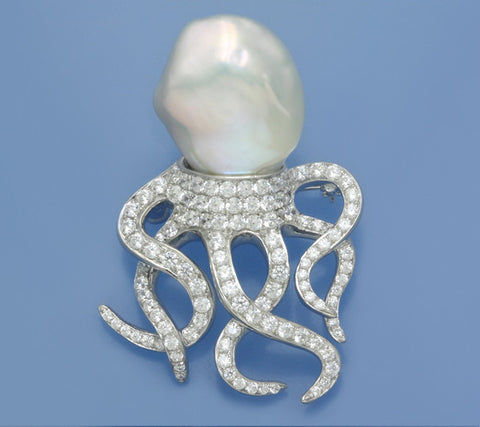 Sterling Silver Brooch with 16*17mm Baroque Shape Freshwater Pearl and Cubic Zirconia