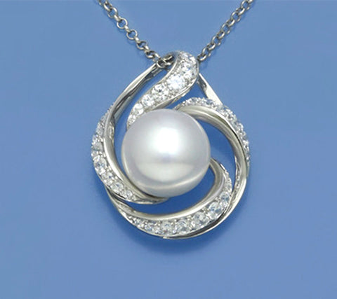 Sterling Silver Pendant with 10-10.5mm Button Shape Freshwater Pearl and Cubic Zirconia