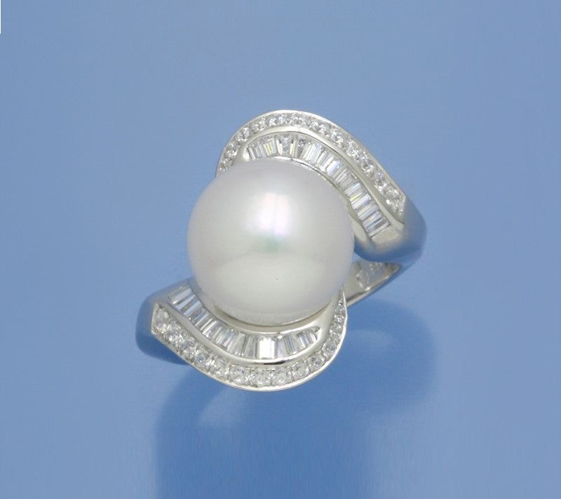 Sterling Silver Ring with 11.5-12mm Button Shape Freshwater Pearl and Cubic Zirconia - Wing Wo Hing Jewelry Group - Pearl Jewelry Manufacturer