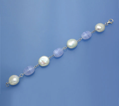 Sterling Silver Bracelet with 14-16mm Coin Shape Freshwater Pearl and Purple Agate