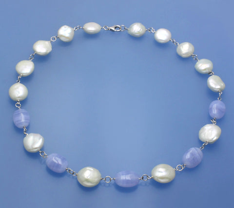 Sterling Silver Necklace with 14-16mm Coin Shape Freshwater Pearl and Purple Agate