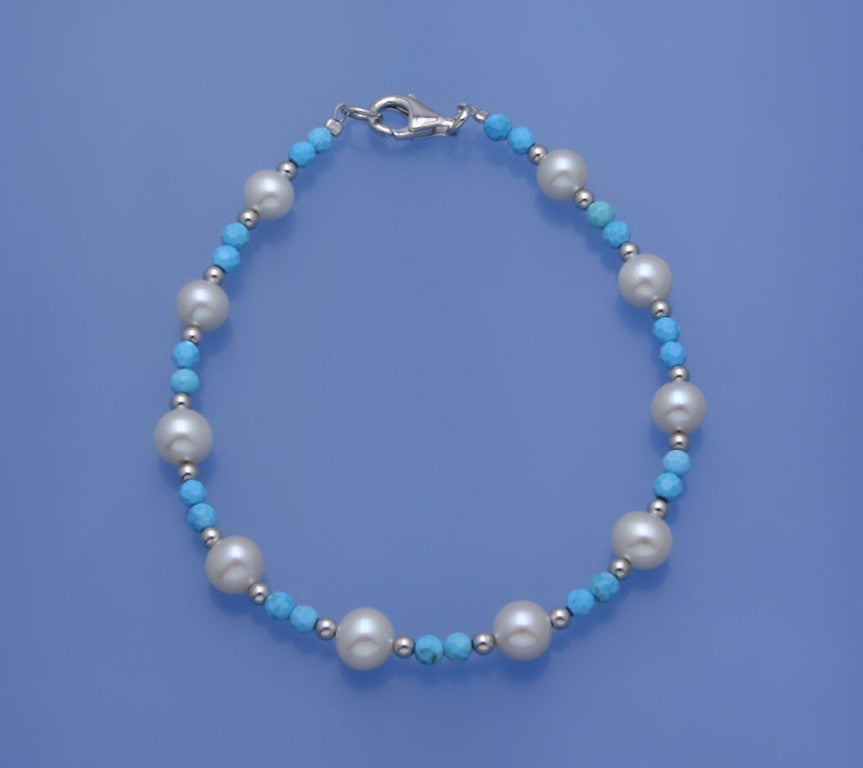 Sterling Silver Bracelet with 6-6.5mm Potato Shape Pearl and Turquoise - Wing Wo Hing Jewelry Group - Pearl Jewelry Manufacturer