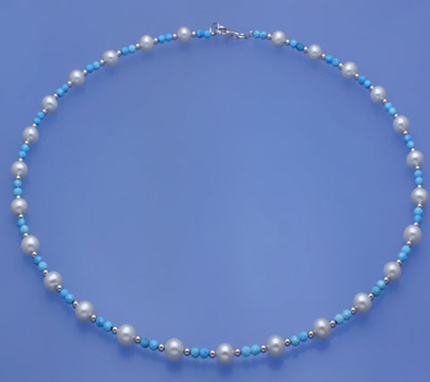 Sterling Silver Necklace with 6-6.5mm Potato Shape Freshwater Pearl and Turquoise PS120529N-1