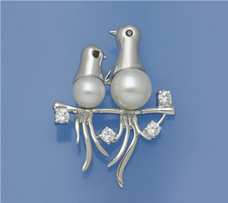 Sterling Silver Brooch with Button Shape Freshwater Pearl and Cubic Zirconia - Wing Wo Hing Jewelry Group - Pearl Jewelry Manufacturer