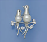 Sterling Silver Brooch with Button Shape Freshwater Pearl and Cubic Zirconia - Wing Wo Hing Jewelry Group - Pearl Jewelry Manufacturer