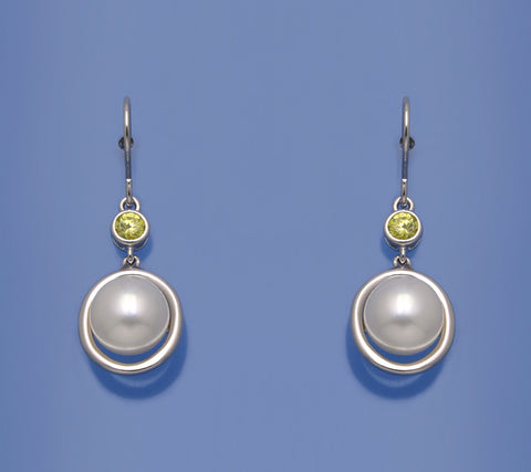 Sterling Silve Earrings with 9.5-10mm Button Shape Freshwater Pearl and Cubic Zirconia