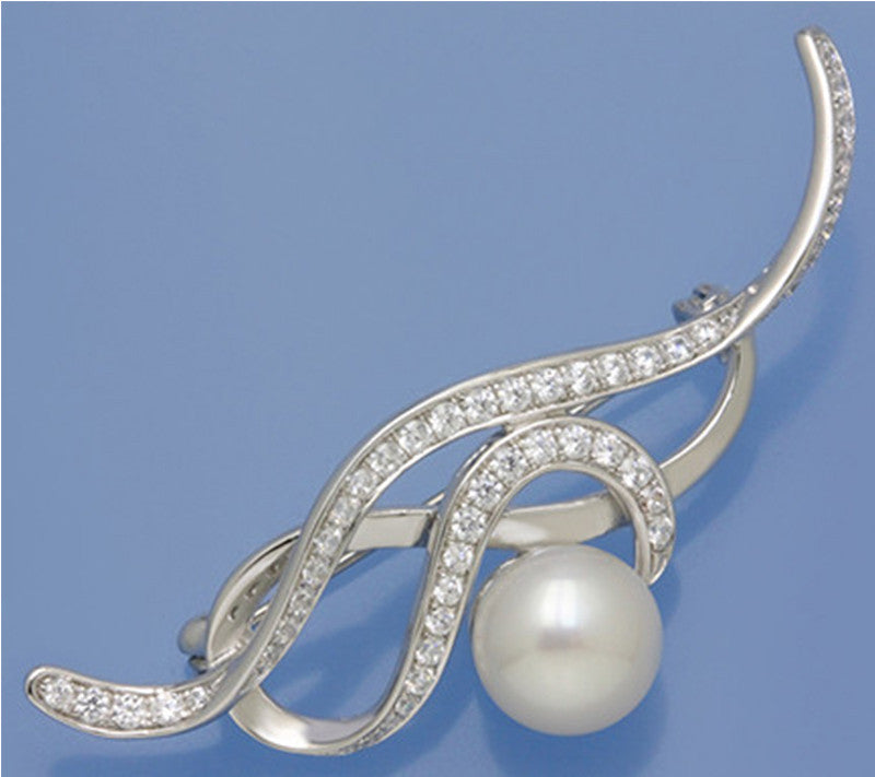 Sterling Silver Brooch with 9.5-10mm Button Shape Freshwater Pearl and Cubic Zirconia - Wing Wo Hing Jewelry Group - Pearl Jewelry Manufacturer