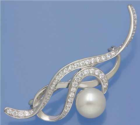 Sterling Silver Brooch with 9.5-10mm Button Shape Freshwater Pearl and Cubic Zirconia