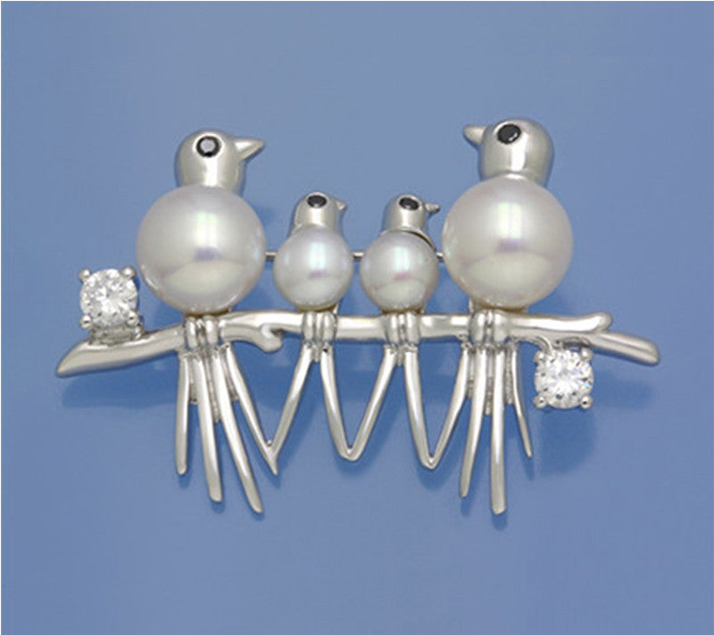 Sterling Silver Brooch with 5-5.5mm Button Shape Freshwater Pearl and Cubic Zirconia - Wing Wo Hing Jewelry Group - Pearl Jewelry Manufacturer