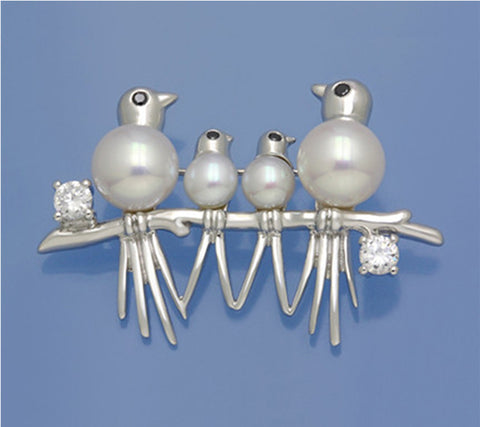 Sterling Silver Brooch with 5-5.5mm Button Shape Freshwater Pearl and Cubic Zirconia