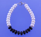 Sterling Silver Bracelet with 8-8.5mm Button Shape Freshwater Pearl and Black Agate - Wing Wo Hing Jewelry Group - Pearl Jewelry Manufacturer