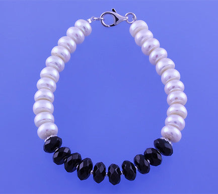 Sterling Silver Bracelet with 8-8.5mm Button Shape Freshwater Pearl and Black Agate