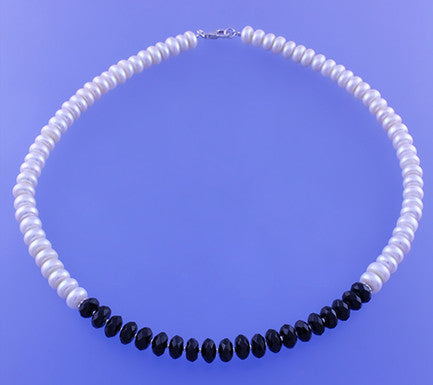 Sterling Silver Necklace with 8-8.5mm Button Shape Freshwater Pearl and Black Agate