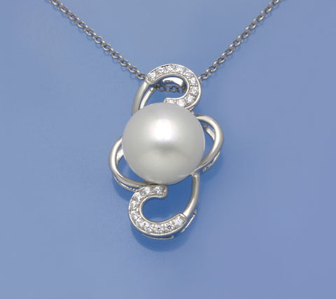 Sterling Silver Pendant with 11.5-12mm Button Shape Freshwater Pearl and Cubic Zirconia