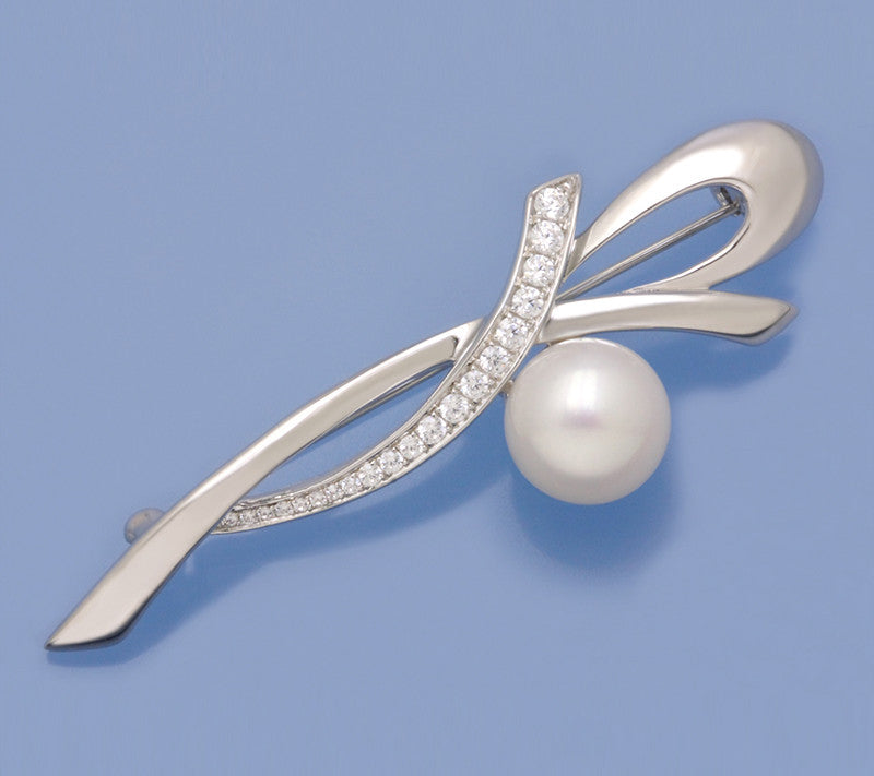 Sterling Silver Brooch with 10.5-11mm Button Shape Freshwater Pearl and Cubic Zirconia - Wing Wo Hing Jewelry Group - Pearl Jewelry Manufacturer
